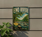 A vintage-style metal sign for Eno River State Park in North Carolina, featuring a scenic illustration of a river surrounded by trees and rocks.