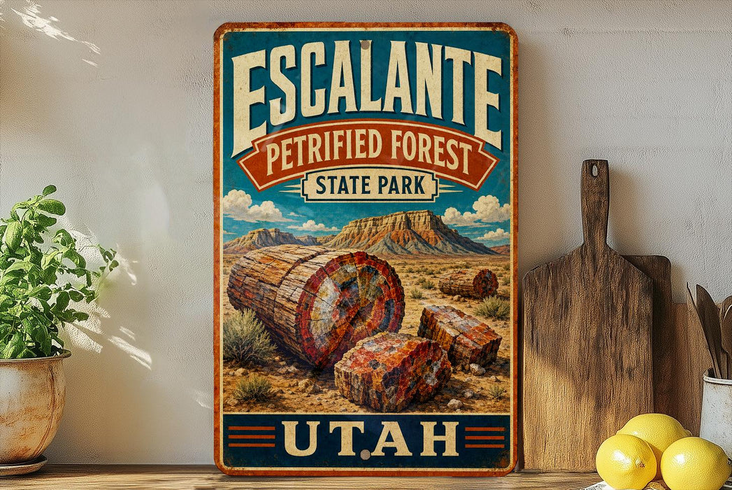 A vintage-style metal sign for Escalante Petrified Forest State Park in Utah, featuring a desert landscape with petrified trees and mountains.