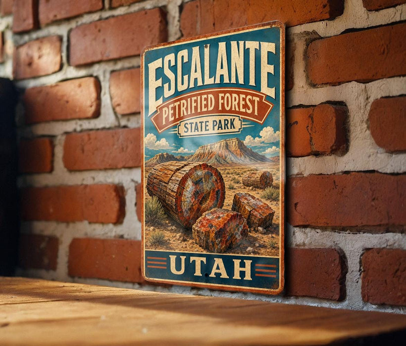 A vintage-style metal sign for Escalante Petrified Forest State Park in Utah, featuring a large image of petrified tree trunks against a desert landscape.