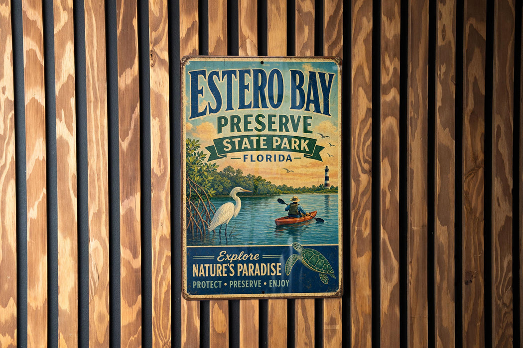 A vintage metal sign for Estero Bay Preserve State Park in Florida, featuring a scenic illustration of a person kayaking and a bird, mounted on a wooden wall.