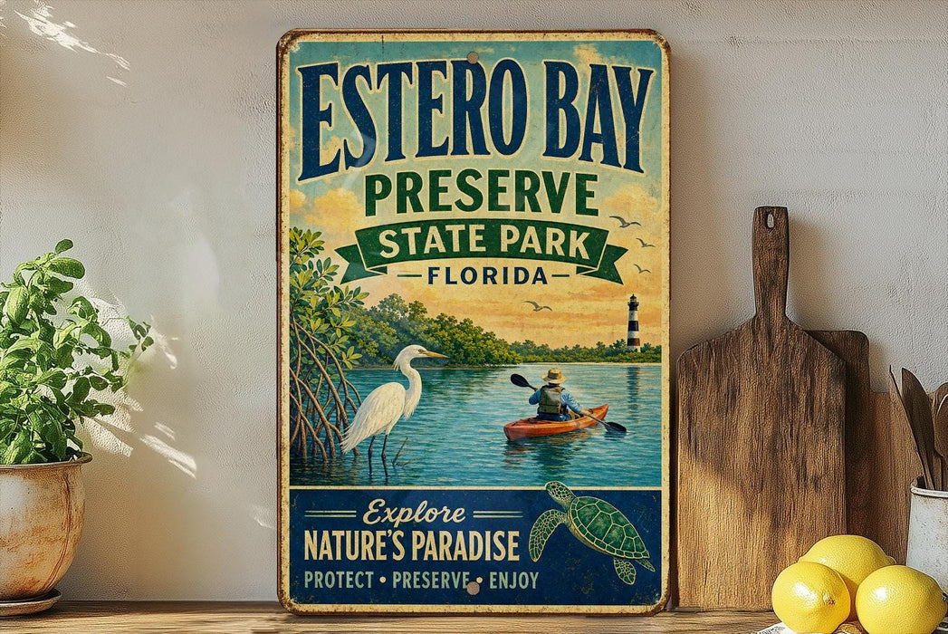 A vintage-style metal sign for Estero Bay Preserve, Florida, featuring an illustration of a person kayaking and a bird, along with the text "Explore Nature's Paradise" and "Protect - Preserve - Enjoy".
