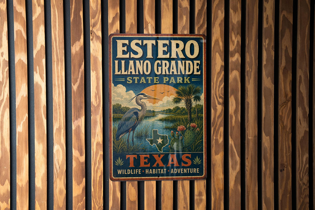A vintage-style metal sign for Estero Llano Grande State Park in Texas, featuring a large blue heron and a scenic landscape.
