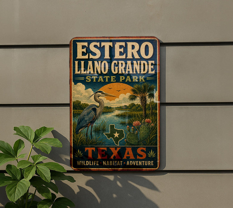 A vintage-style sign for Estero Llano Grande State Park, featuring a large blue heron and a palm tree, with the text "ESTERO LLANO GRANDE STATE PARK" and "TEXAS" prominently displayed.