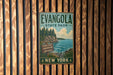 A vintage-style metal sign for Lake Erie State Park in New York, featuring a scenic illustration of the lake and surrounding landscape.