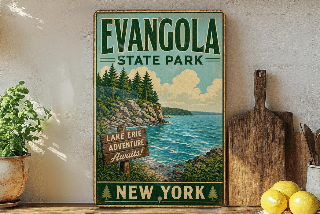 A vintage-style poster advertising Lake Erie State Park in New York, featuring a scenic illustration of the lake and surrounding landscape.