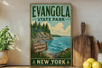 A vintage-style poster advertising Lake Erie State Park in New York, featuring a scenic illustration of the lake and surrounding landscape.