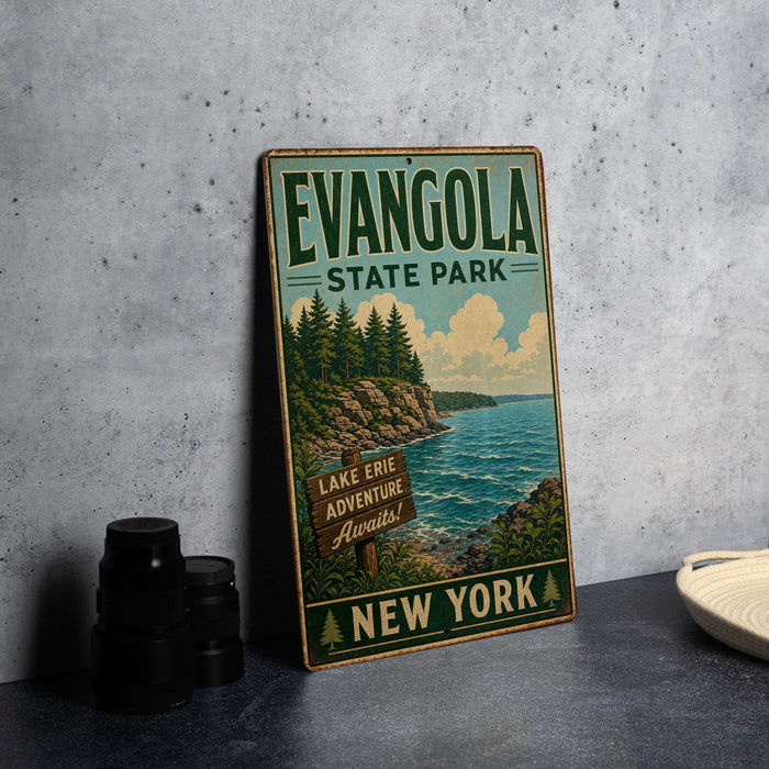 A vintage-style sign for Lake Erie State Park in New York, featuring a scenic illustration of the lake and surrounding landscape.