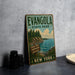 A vintage-style sign for Lake Erie State Park in New York, featuring a scenic illustration of the lake and surrounding landscape.
