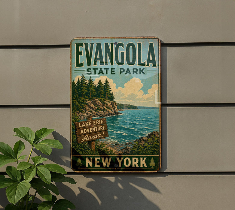 A vintage-style sign for Lake Erie State Park, featuring a scenic image of the lake and surrounding landscape, with the text "EVANGOLA STATE PARK" and "LAKE ERIE ADVENTURE Awaits!"