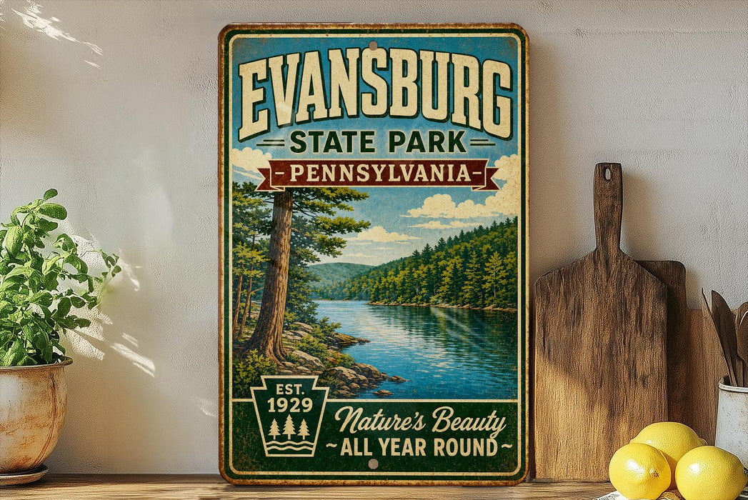 A vintage-style sign for Evansburg State Park in Pennsylvania, featuring a scenic image of a river and forest.
