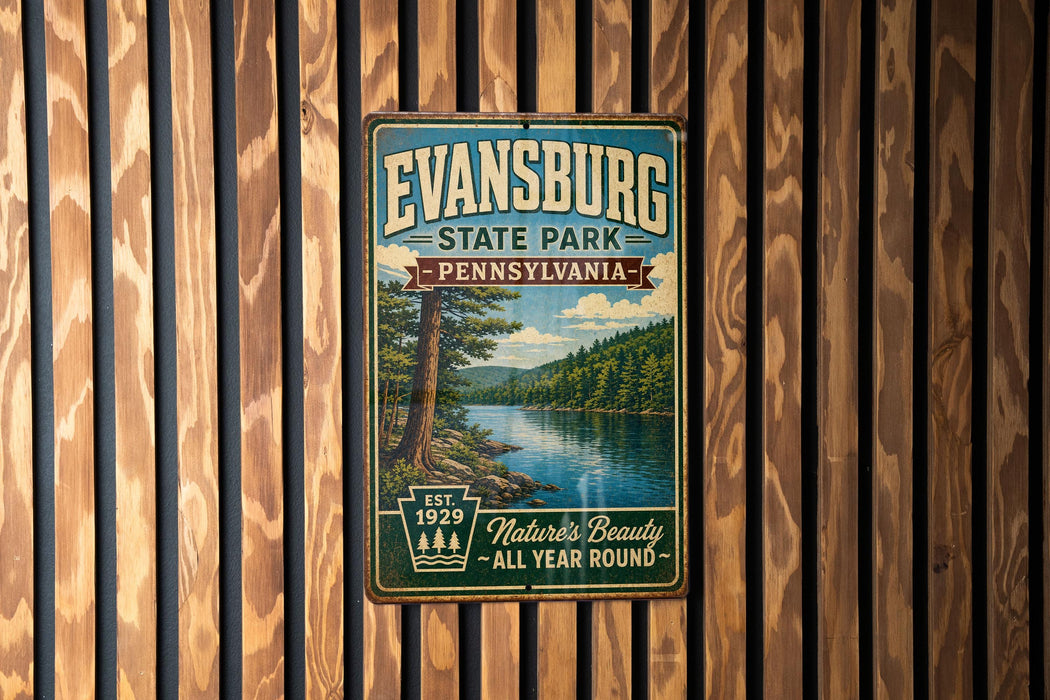 A vintage-style metal sign for Evansburg State Park in Pennsylvania, featuring a scenic image of a river and forest.