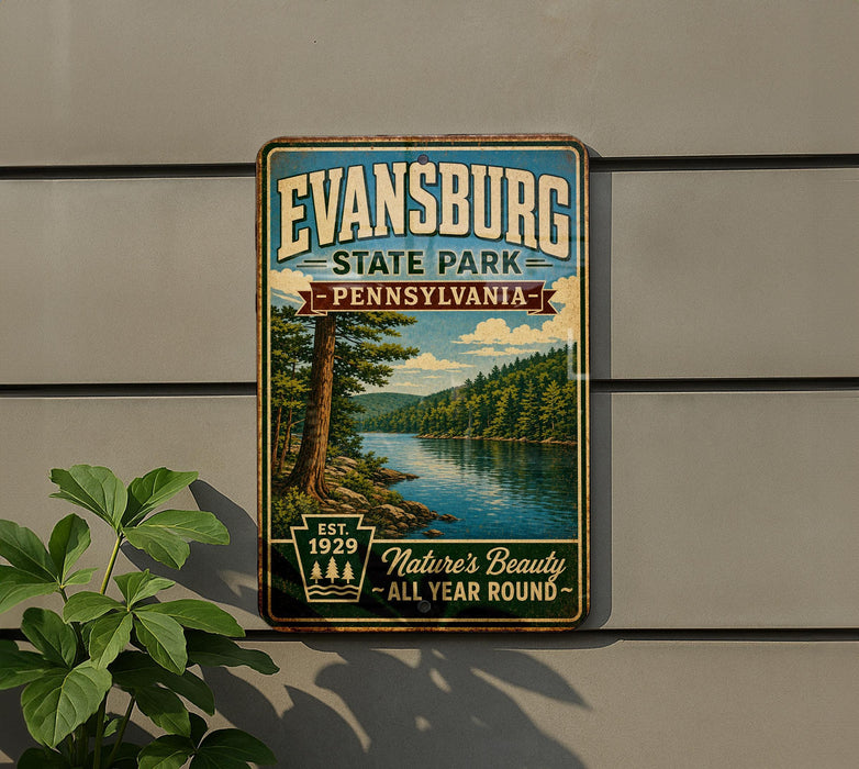 A vintage-style metal sign for Evansburg State Park in Pennsylvania, featuring a scenic image of a river and forest.