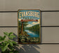 A vintage-style metal sign for Evansburg State Park in Pennsylvania, featuring a scenic image of a river and forest.