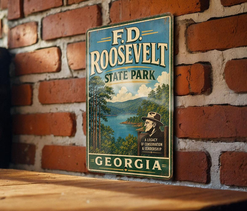 A vintage metal sign for F.D. Roosevelt State Park in Georgia, featuring a scenic landscape with a lake and mountains.