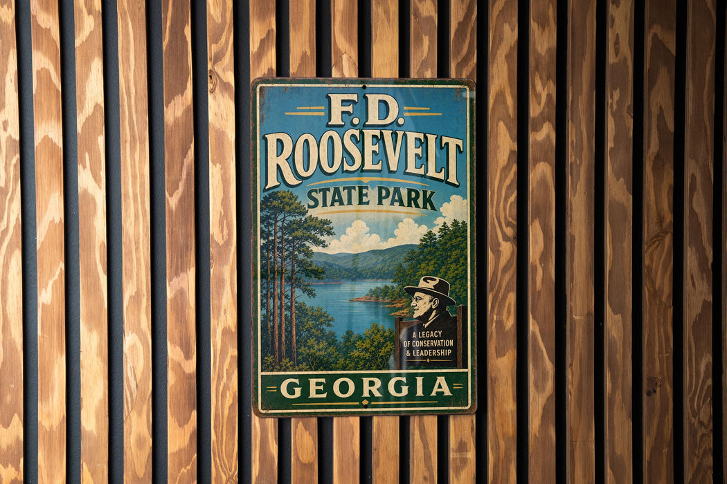 A vintage metal sign for F.D. Roosevelt State Park in Georgia, featuring a scenic landscape with a lake and mountains.