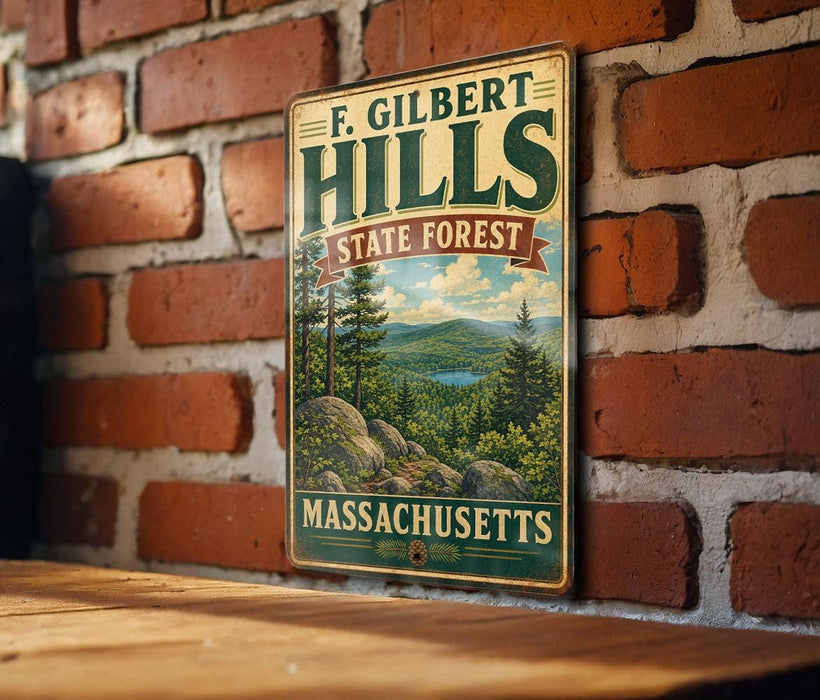 A vintage metal sign for F. Gilbert Hills State Forest in Massachusetts, featuring a scenic landscape with pine trees and a lake.