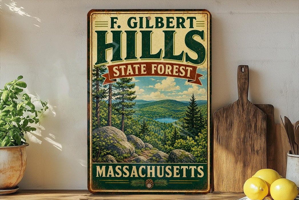 A vintage-style metal sign for F. Gilbert Hills State Forest in Massachusetts, featuring a scenic landscape with pine trees, a lake, and mountains.