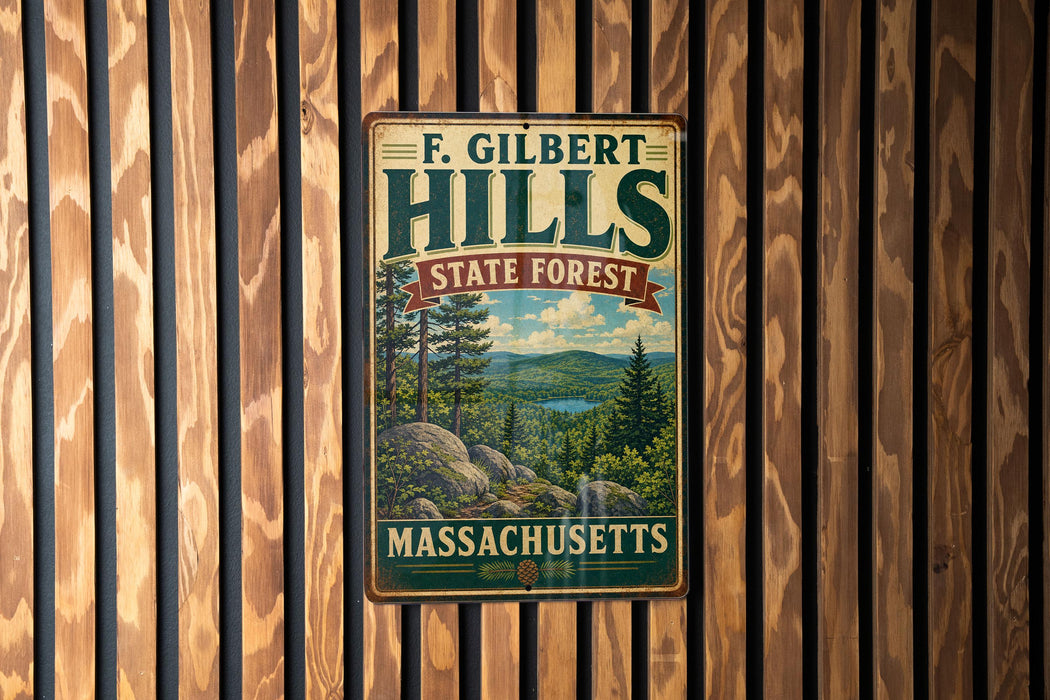 A vintage metal sign for F. Gilbert Hills State Forest in Massachusetts, featuring a scenic landscape with pine trees, rocks, and a lake.