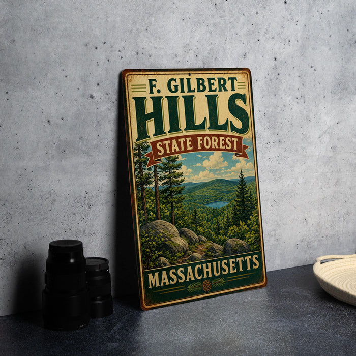 A vintage-style metal sign for F. Gilbert Hills State Forest in Massachusetts, featuring a scenic landscape with pine trees, mountains, and a lake.