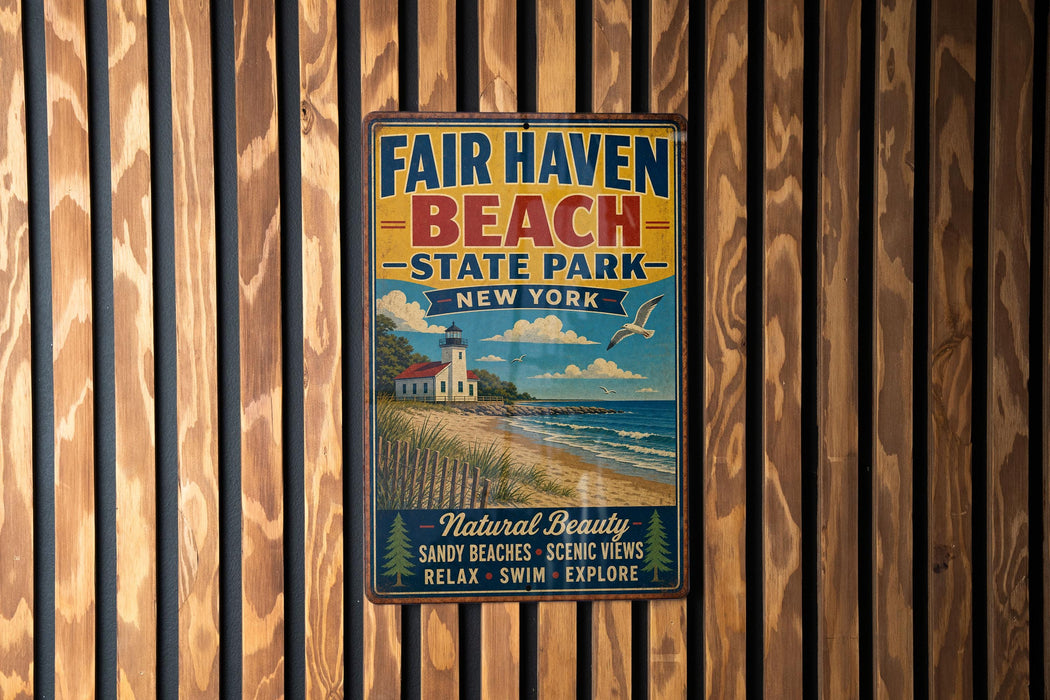 A vintage metal sign for Fair Haven Beach State Park in New York, featuring a beach scene and text promoting the park's natural beauty, sandy beaches, scenic views, relaxation, and swimming opportunities.