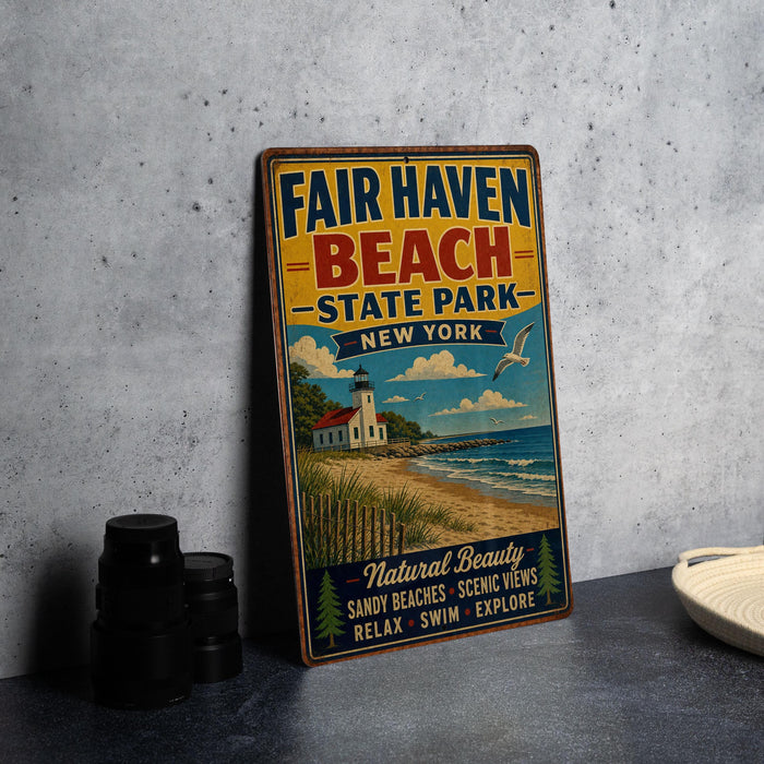 A vintage-style metal sign advertising Fair Haven Beach State Park in New York, featuring a lighthouse and beach scene.