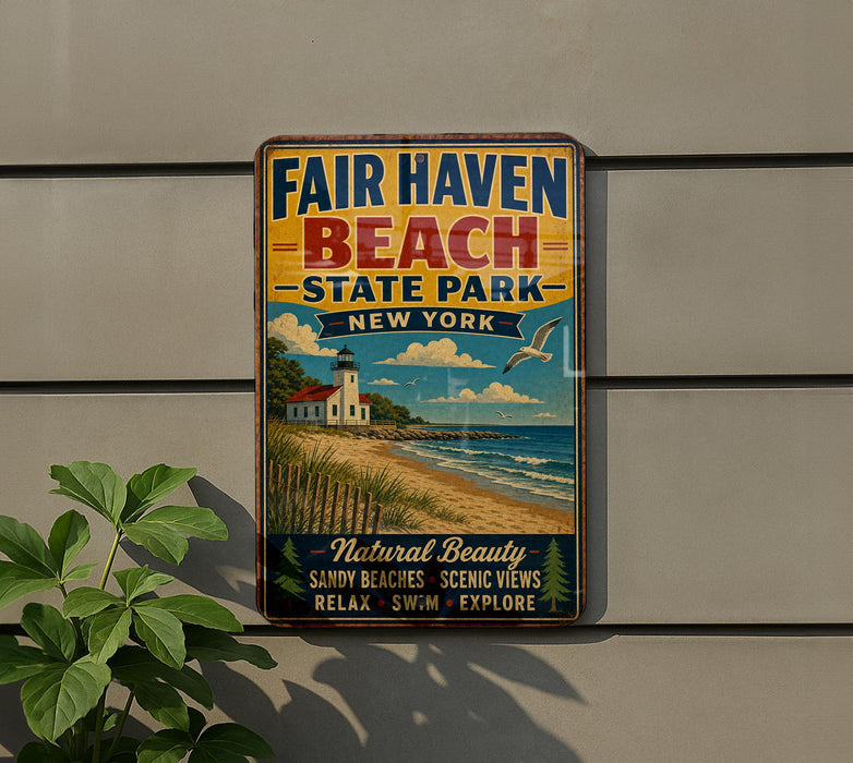 A vintage-style metal sign for Fair Haven Beach State Park in New York, featuring a lighthouse, beach, and ocean scenery.