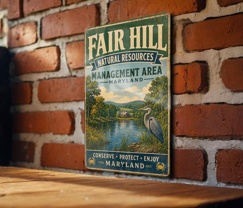 A vintage metal sign with a natural landscape and a bird, mounted on a brick wall.