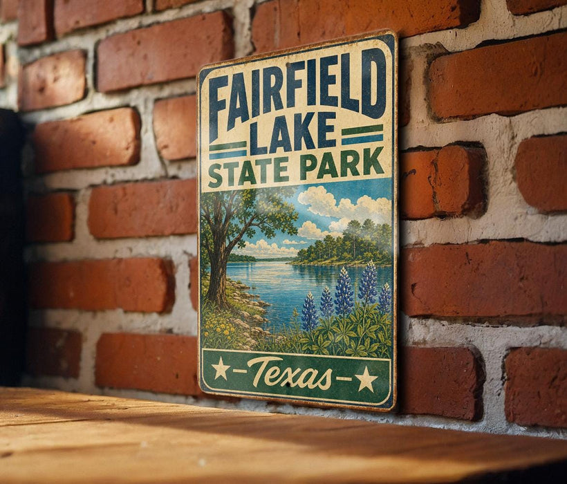 A vintage-style sign for Fairfield Lake State Park in Texas, featuring a scenic landscape with a lake, trees, and flowers.