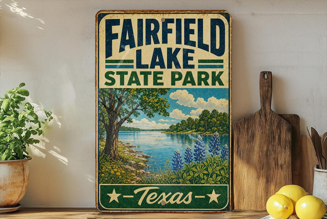 a vintage-style sign for Fairfield Lake State Park in Texas, with a scenic landscape depicting a lake surrounded by trees and flowers.