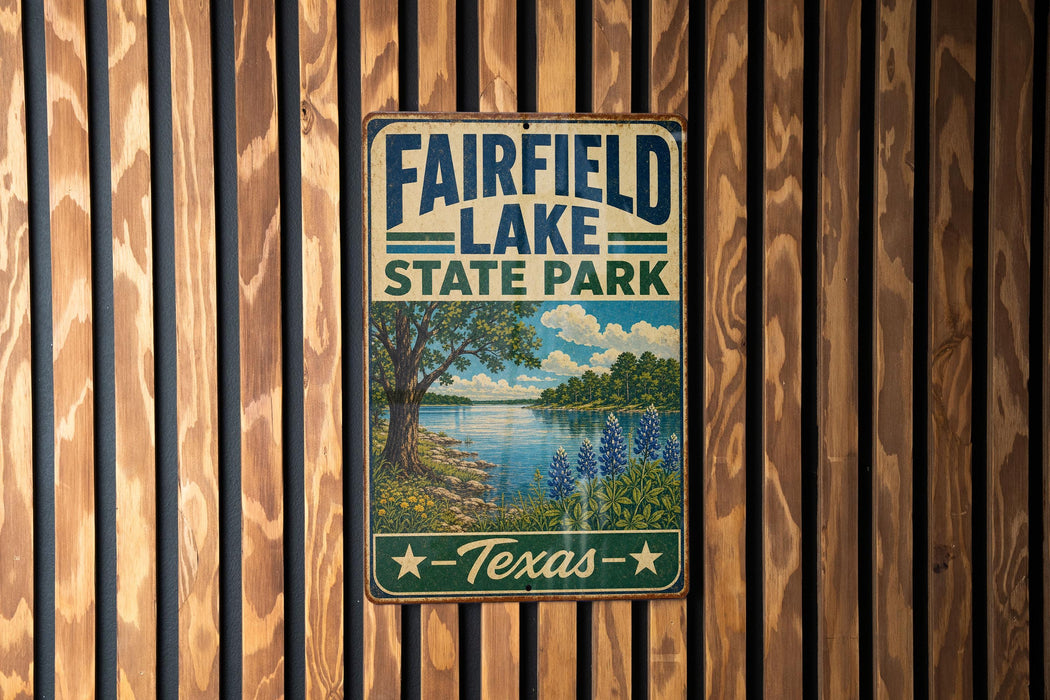 A vintage metal sign for Fairfield Lake State Park in Texas, featuring a scenic landscape with a lake, trees, and flowers.