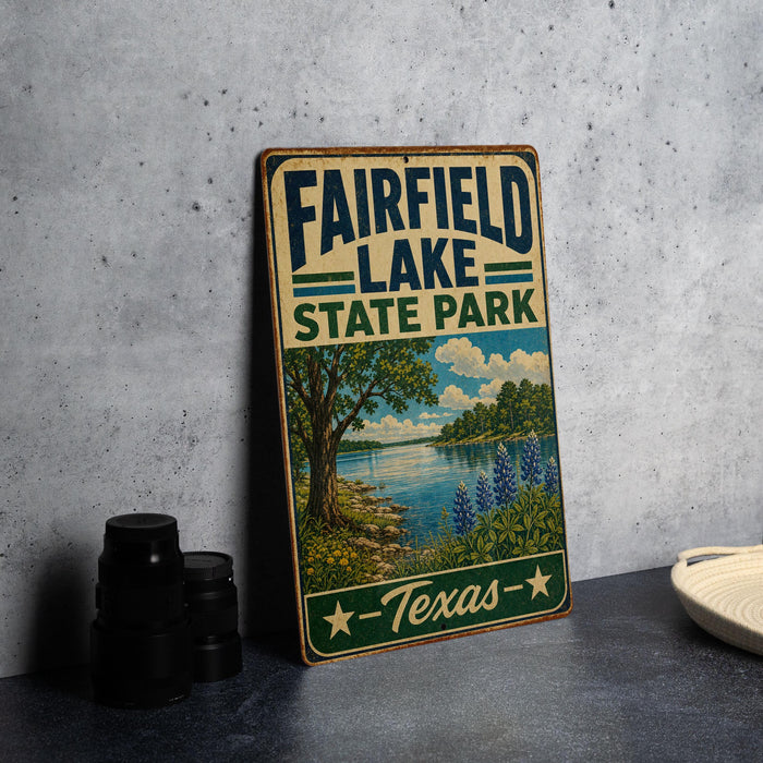 A vintage-style metal sign for Fairfield Lake State Park in Texas, featuring a scenic landscape with a lake, trees, and a cloudy sky.