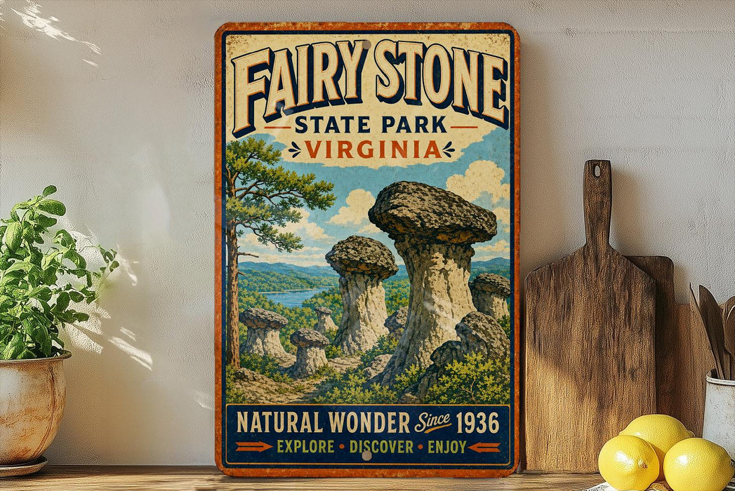 a vintage-style sign for Fairy Stone State Park, Virginia, with a scenic illustration of rock formations and a lake. The sign is displayed on a shelf next to a wooden cutting board and a potted plant.