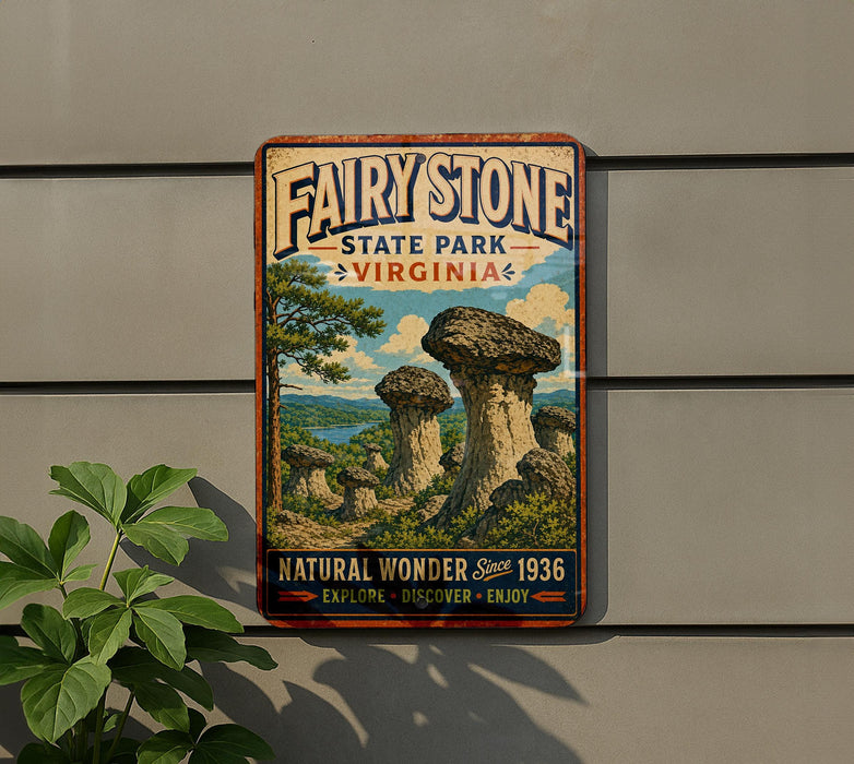A vintage-style sign for Fairy Stone State Park in Virginia, featuring a scenic illustration of the park's natural wonders.