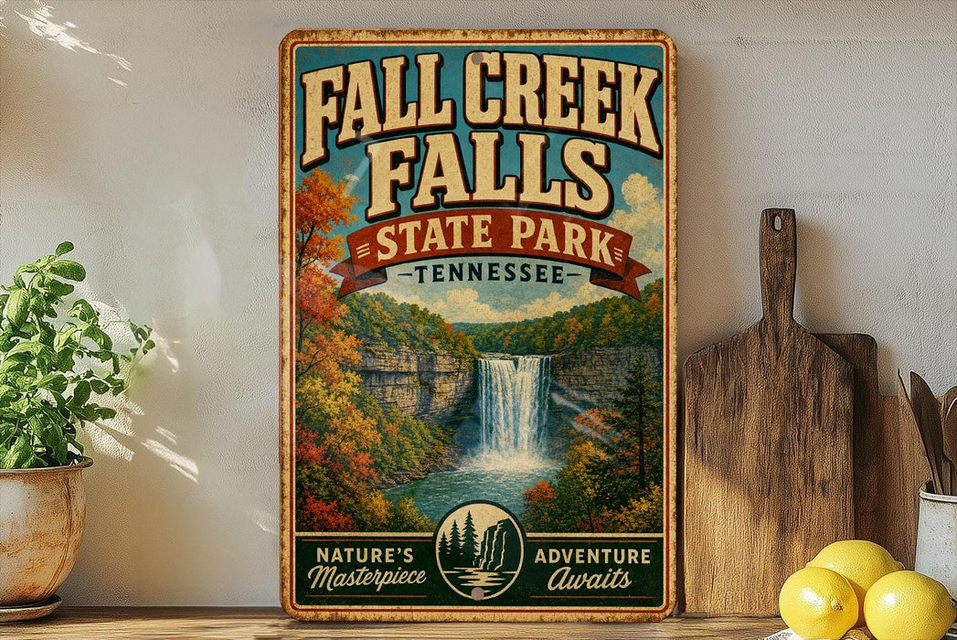 A vintage-style sign for Fall Creek Falls State Park in Tennessee, featuring a scenic image of the waterfall surrounded by autumn foliage.