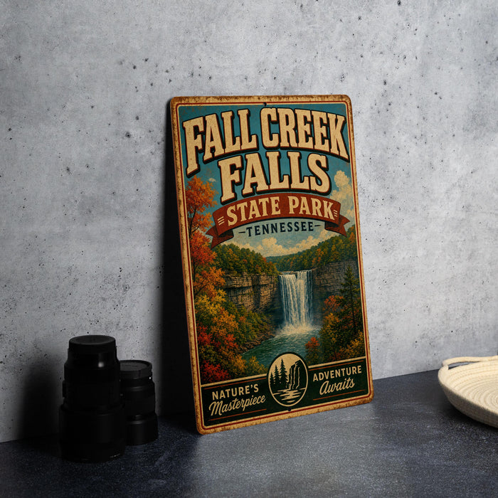 a vintage-style sign for Fall Creek Falls State Park in Tennessee, with a waterfall and autumn foliage depicted.