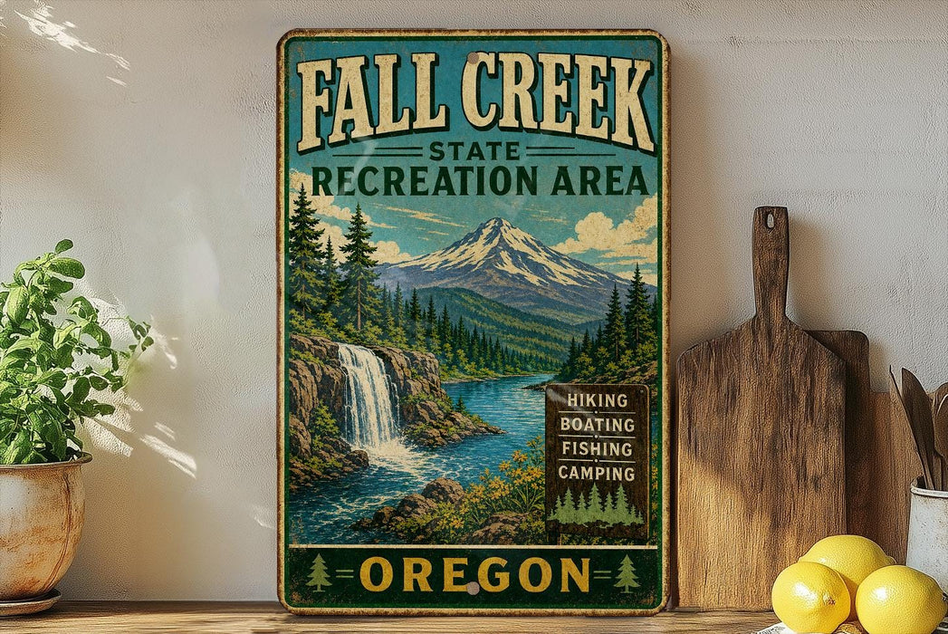 a vintage-style sign for the Fall Creek State Recreation Area in Oregon, with a mountain landscape and a waterfall.
