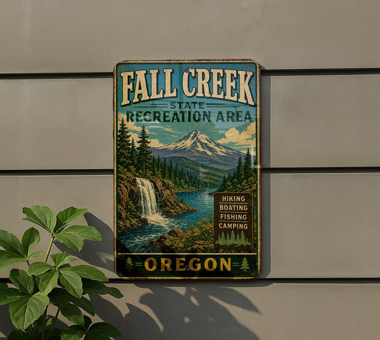 A vintage-style sign for the Fall Creek State Recreation Area in Oregon, featuring a scenic mountain landscape with a waterfall.