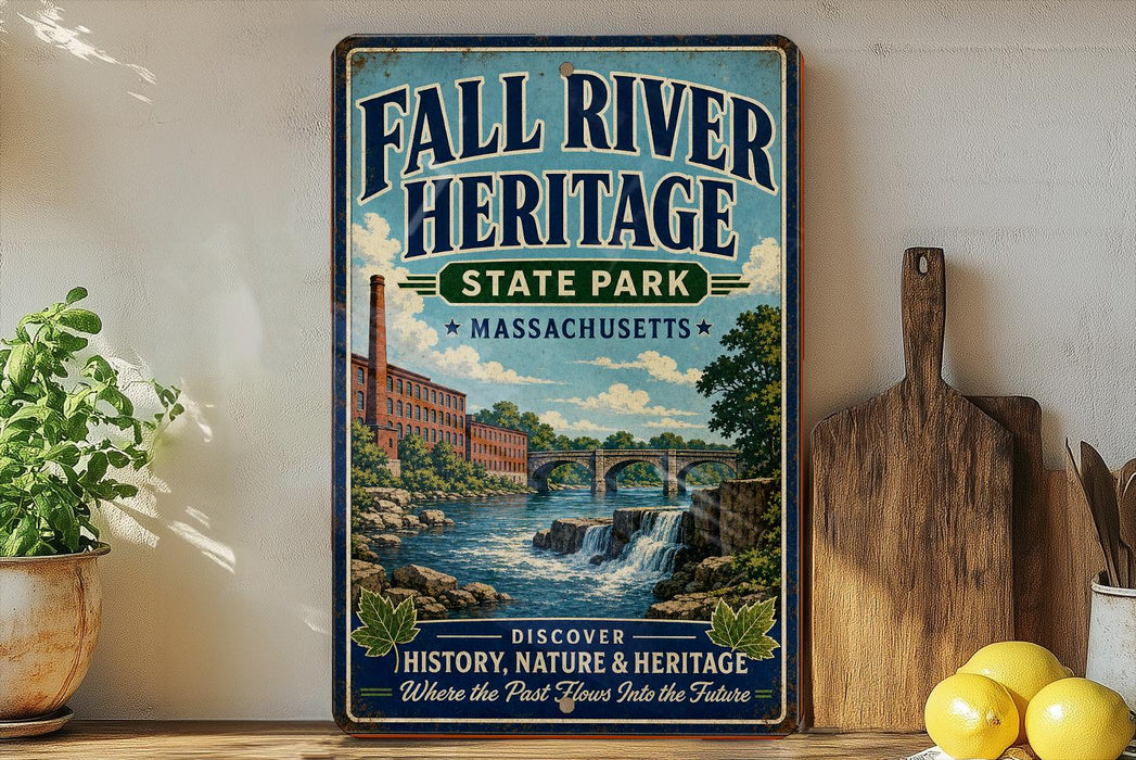 a vintage-style sign for the Fall River Heritage State Park in Massachusetts, with a scenic illustration of a river, bridge, and waterfall. The sign is displayed on a shelf next to a wooden cutting board and a potted plant, creating a rustic and charming atmosphere.