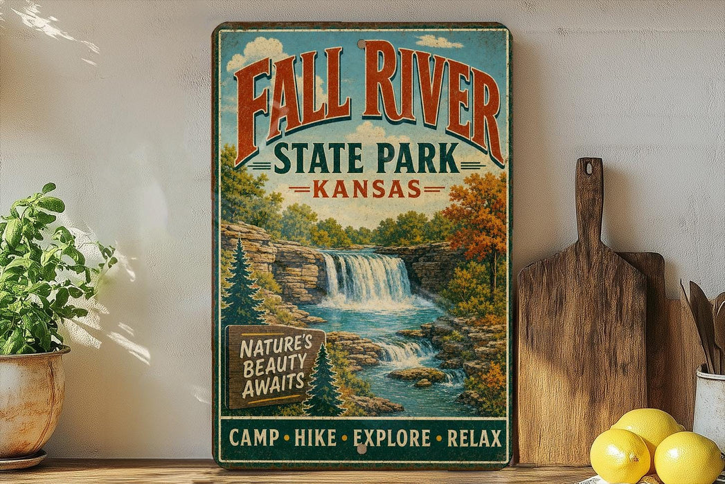 a vintage-style sign for Fall River State Park in Kansas, with a waterfall and forest scenery. The sign is displayed on a shelf next to a wooden cutting board and a potted plant.