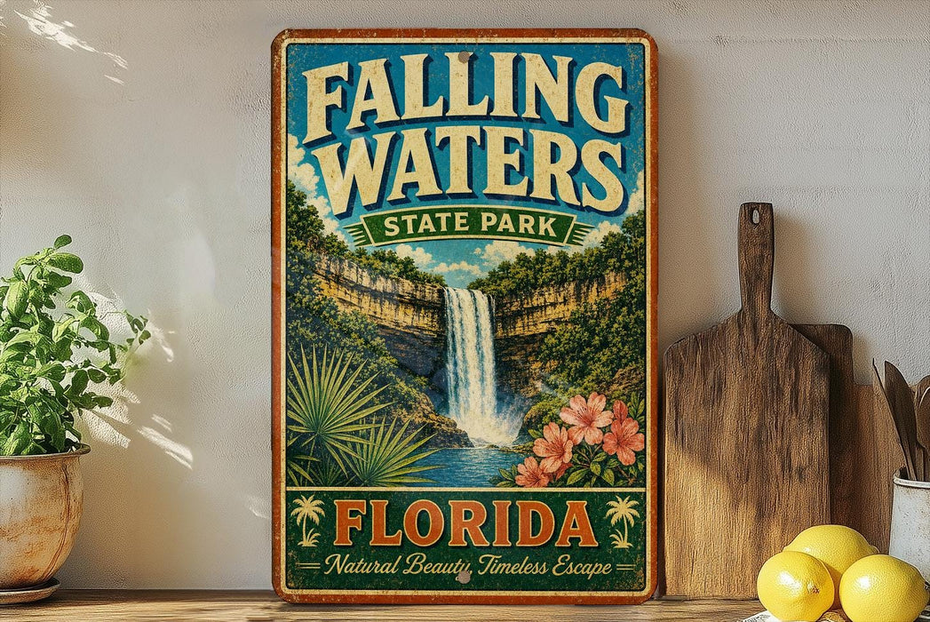 A vintage-style poster of Falling Waters State Park in Florida, featuring a waterfall surrounded by lush greenery and tropical flowers.