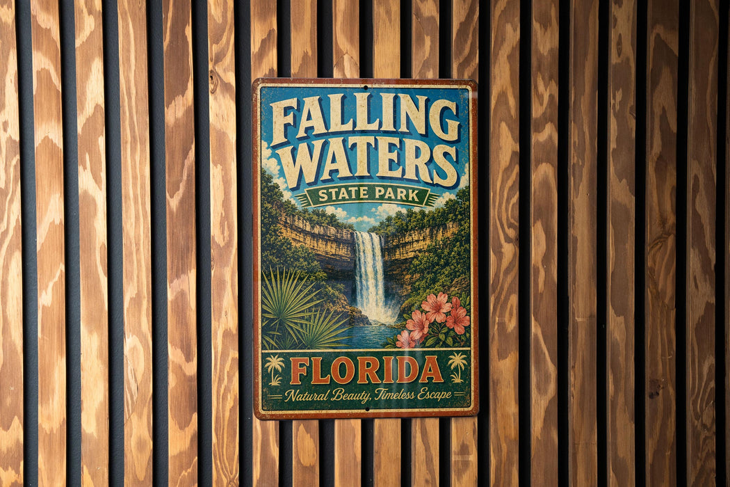 A vintage-style metal sign for Falling Waters State Park in Florida, featuring a waterfall and tropical foliage.