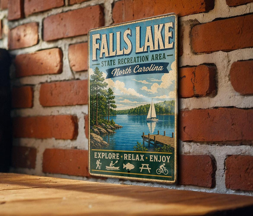 A vintage-style metal sign for Falls Lake, North Carolina, featuring a scenic image of the lake with a sailboat and a dock.