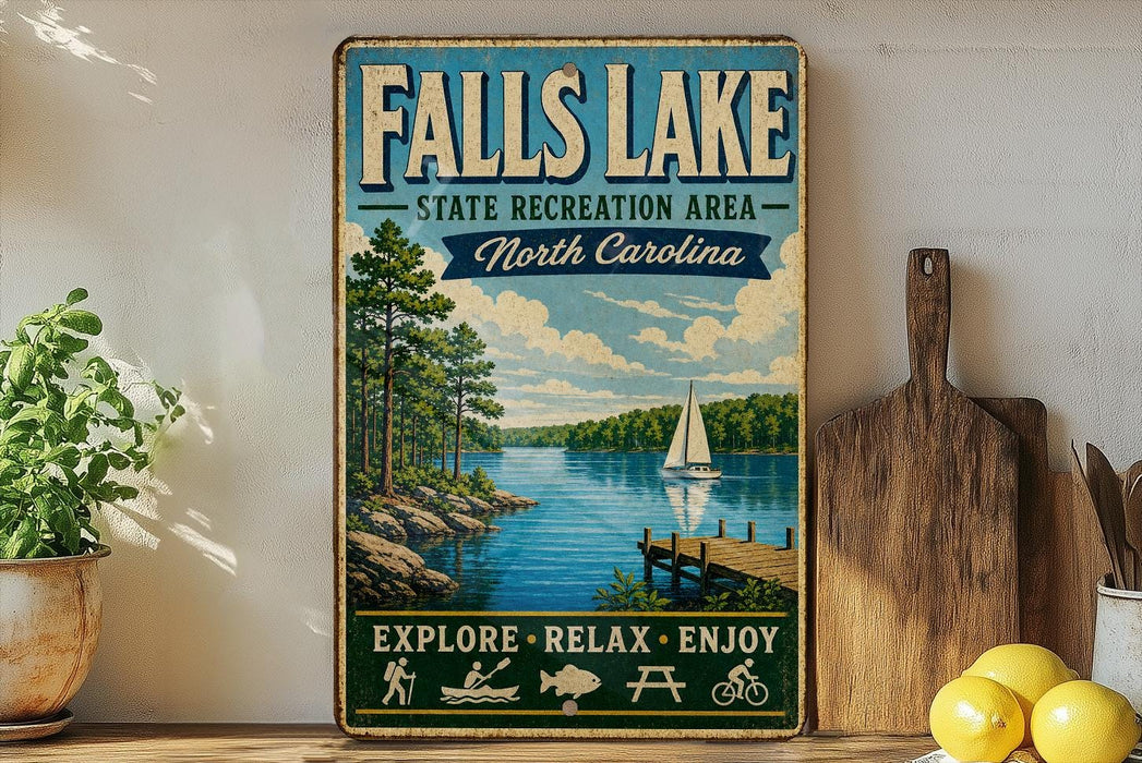 A vintage-style sign for Falls Lake State Recreation Area in North Carolina, featuring a scenic illustration of a lake, dock, and sailboat.