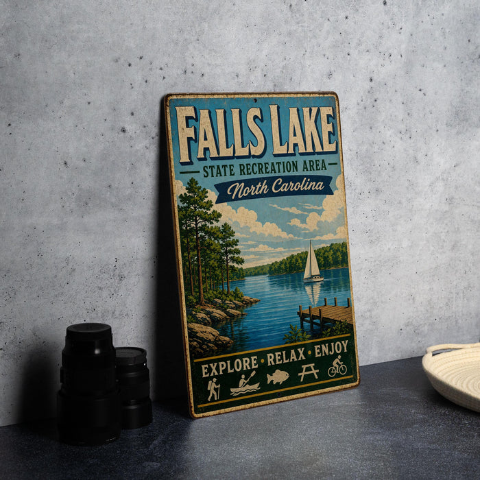 A vintage-style metal sign for Falls Lake, North Carolina, featuring a scenic illustration of the lake and surrounding landscape.