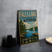 A vintage-style metal sign for Falls Lake, North Carolina, featuring a scenic illustration of the lake and surrounding landscape.
