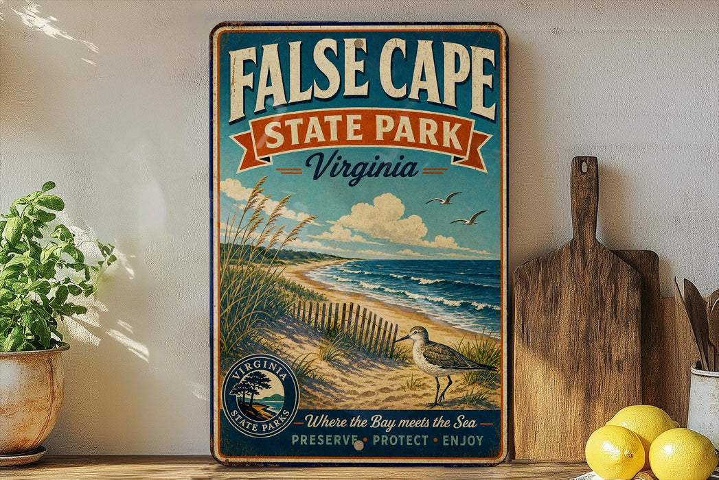 a vintage-style sign for False Cape State Park, Virginia, with a beach scene and a bird in the foreground.