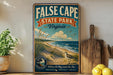 a vintage-style sign for False Cape State Park, Virginia, with a beach scene and a bird in the foreground.