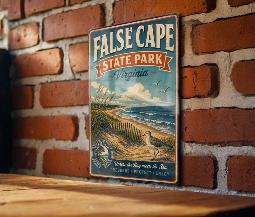 A vintage-style metal sign for False Cape State Park, featuring a beach scene with a bird and the text "Where the Bay meets the Sea" and "Preserve, Protect, Enjoy".