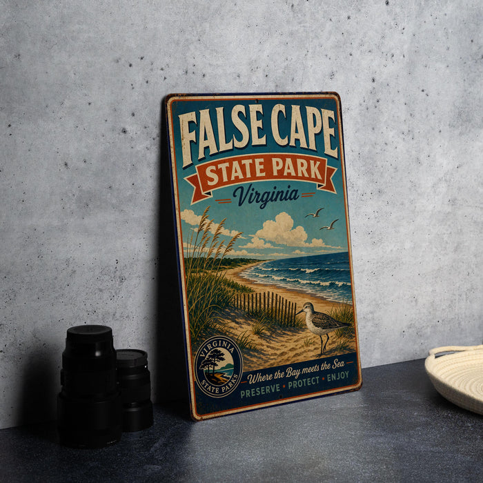 a vintage-style metal sign for False Cape State Park, Virginia, with a beach scene and birds in the background.