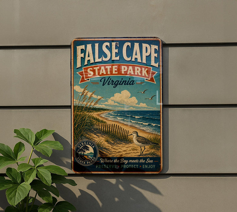 a vintage-style metal sign for False Cape State Park, Virginia, mounted on a wall.